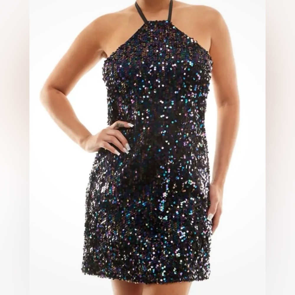 Jolt Women’s Halter Black/Multi Color Sequin Party Mini Dress NWT Size L…
